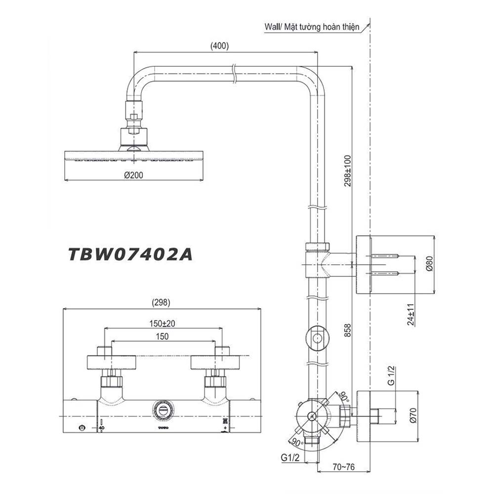 Bản vẽ kỹ thuật Vòi sen cây TOTO TBW07402A nhiệt độ