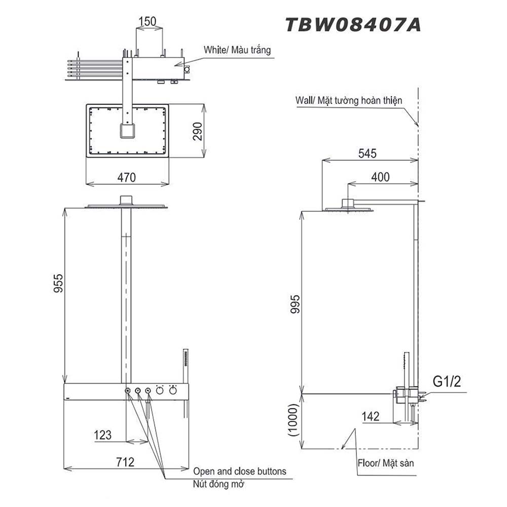 Bản vẽ kỹ thuật Vòi sen cây TOTO TBW08407A nhiệt độ