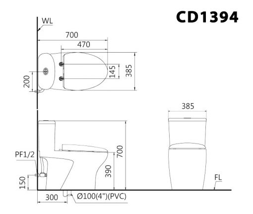 CAESAR CD1394 TAF060 - Bồn cầu thông minh nắp rửa cơ