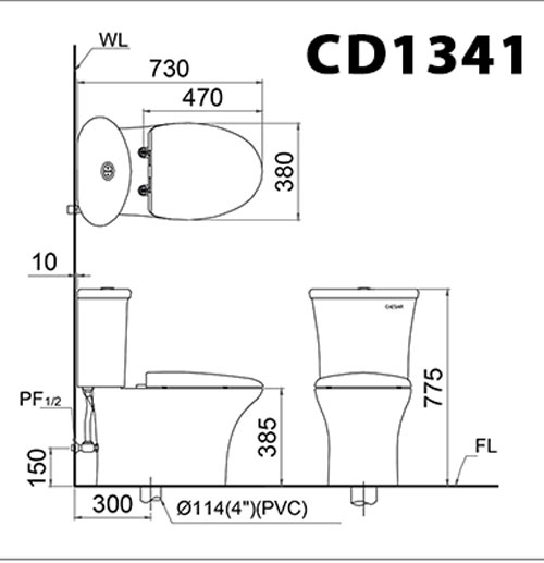 Bản vẽ kĩ thuật Bồn cầu 2 khối CAESAR CD1341 nắp êm M232