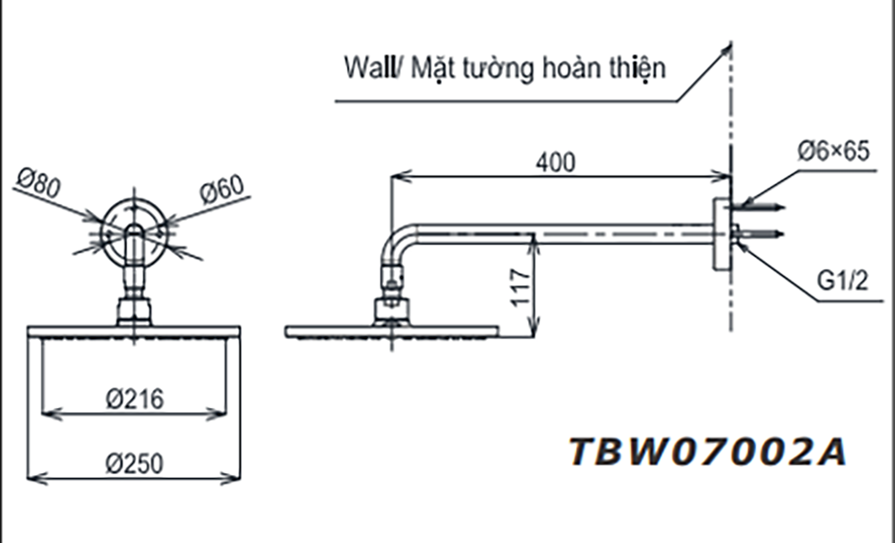 bản vẽ kỹ thuật Bát sen âm tường TOTO TBW07002A gắn tường