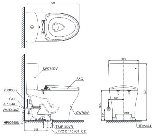 TOTO CS769DRT10#XW - Bồn cầu 2 khối nắp êm TC395VS