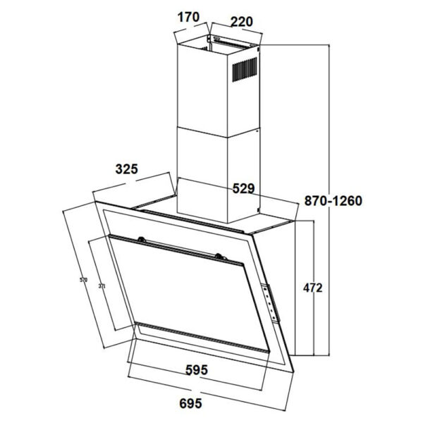 Bản vẽ kích thước Máy hút mùi CANZY CZ 369T GLASS 70cm kính vát