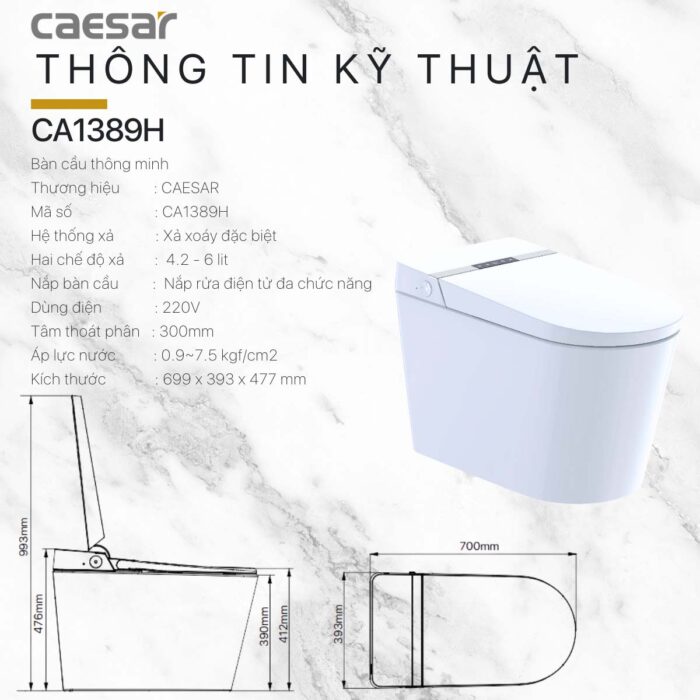 Bồn cầu thông minh CAESAR CA1389H nắp rửa điện tử - Ảnh 13