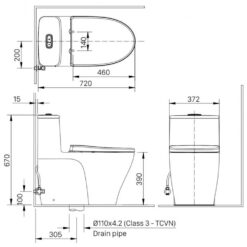 Bản vẽ kĩ thuật Bồn cầu 1 khối INAX AC-989VN (AC989VN) nắp êm