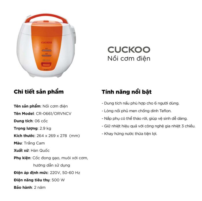 Nồi cơm điện cơ CUCKOO CR-0661 ORVNCV 1.08L - Ảnh 3