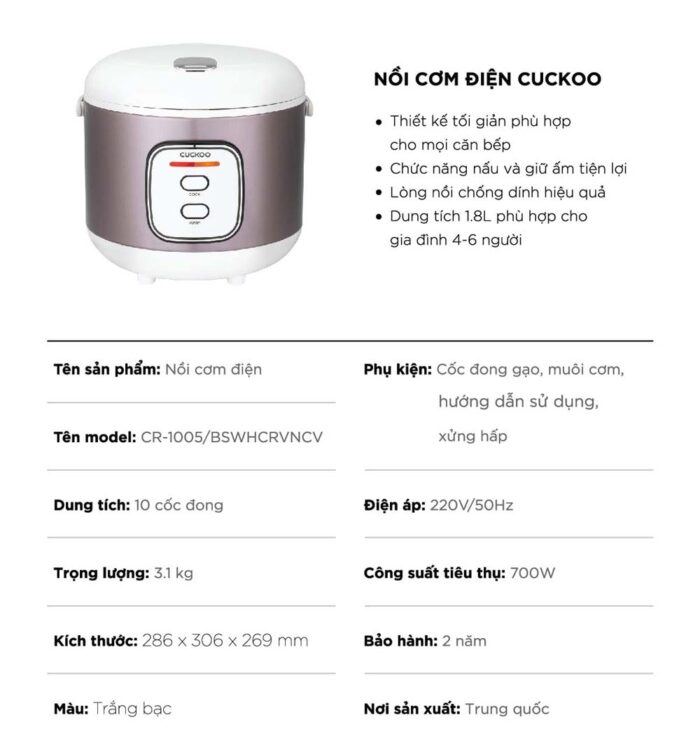 Nồi cơm điện cơ CUCKOO CR-1005 BSWHCRVNCV 1.8L - Ảnh 3
