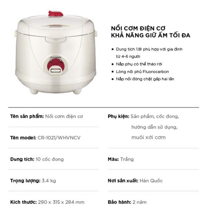 Nồi cơm điện cơ CUCKOO CR-1021 WHVNCV 1.8L - Ảnh 2