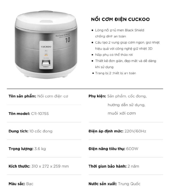 Nồi cơm điện cơ CUCKOO CR-1075S 1.8L - Ảnh 2