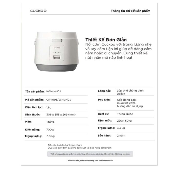Nồi cơm điện cơ CUCKOO CR-1095 WHVNCV 1.8L - Ảnh 2