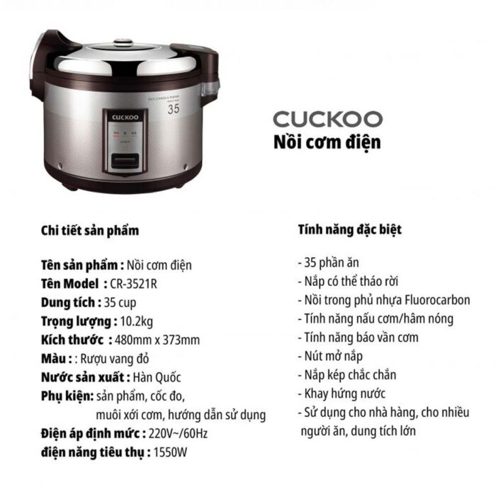 Nồi cơm điện cơ CUCKOO CR-3521 RWVNCV 6.3L công nghiệp - Ảnh 3