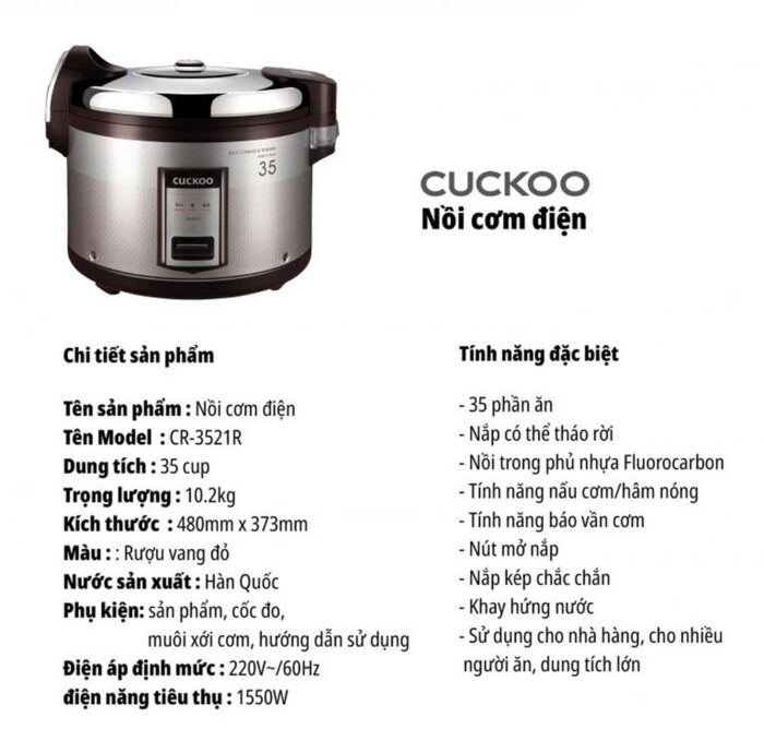 Nồi cơm điện cơ CUCKOO CR-3521R 6.3L công nghiệp - Ảnh 11