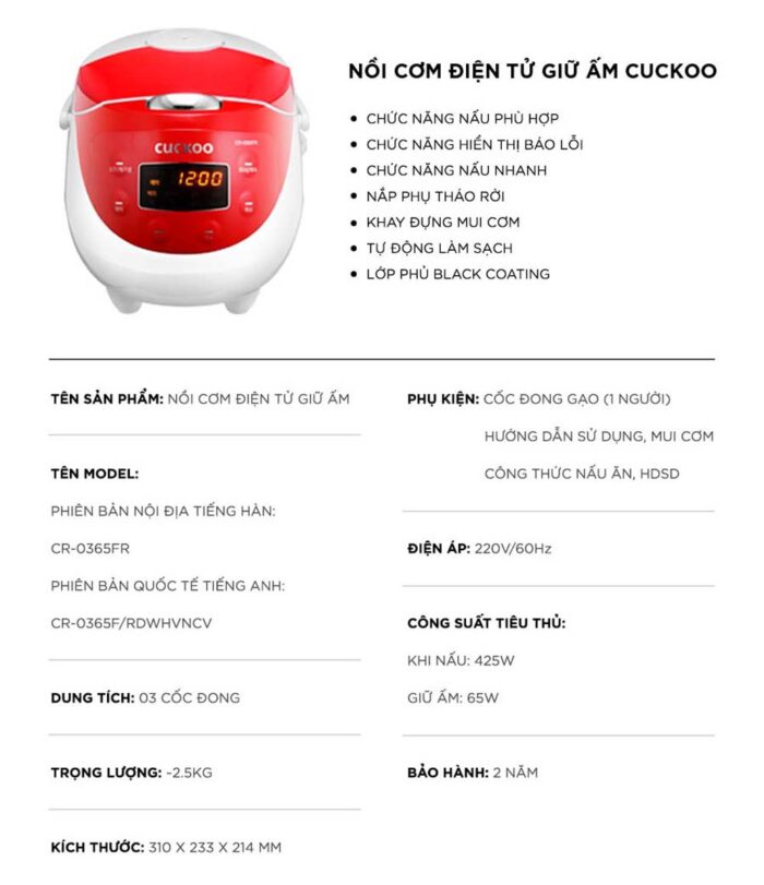 Nồi cơm điện tử CUCKOO CR-0365FR 0.54L - Ảnh 2