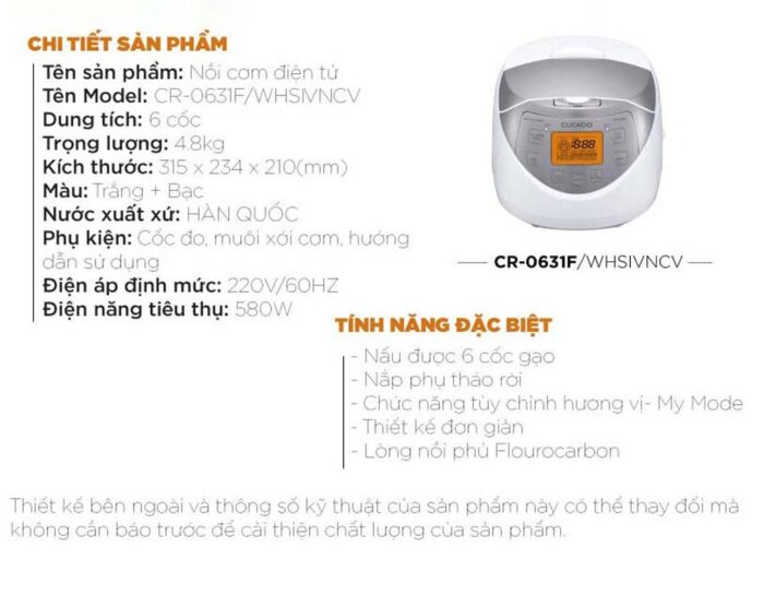 Nồi cơm điện tử CUCKOO CR-0631F WHSIVNCV 1.08L - Ảnh 2
