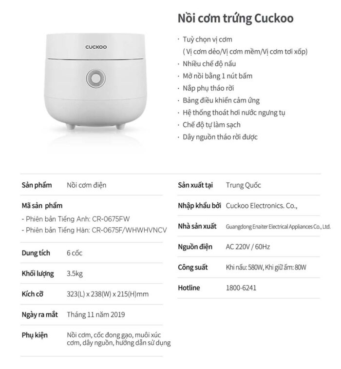 Nồi cơm điện tử CUCKOO CR-0675F WHWHVNCV 1.08L - Ảnh 2
