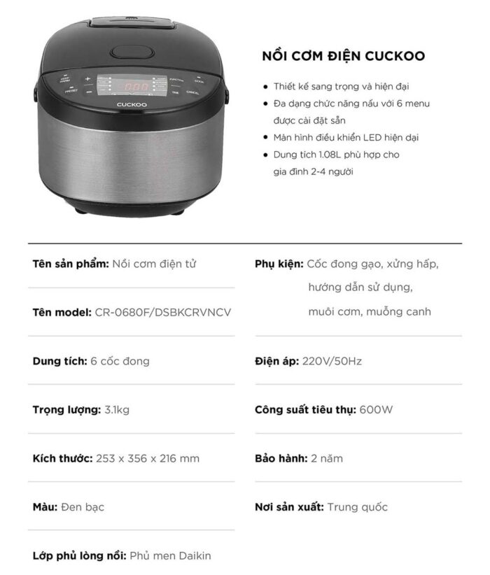 Nồi cơm điện tử CUCKOO CR-0680F DSBKCRVNCV 1.08L - Ảnh 2