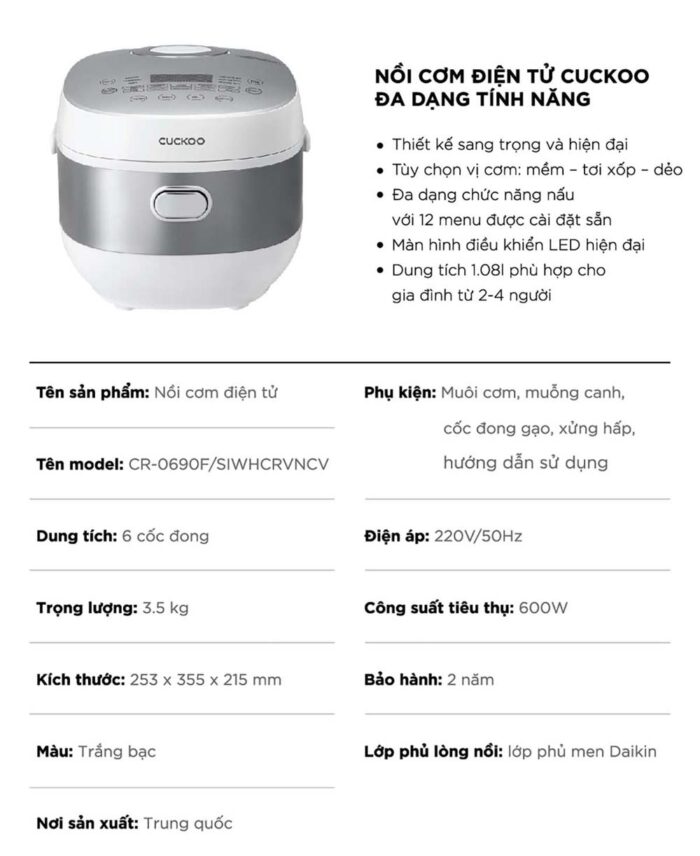 Nồi cơm điện tử CUCKOO CR-0690F SIWHCRVNCV 1.08L - Ảnh 2