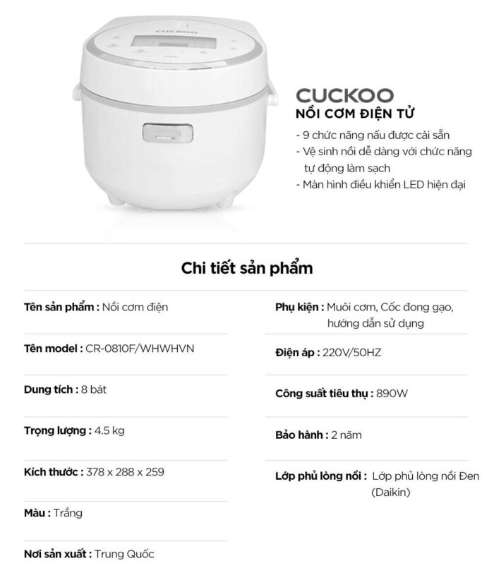 Nồi cơm điện tử CUCKOO CR-0810F WHWHVN 1.44L - Ảnh 3