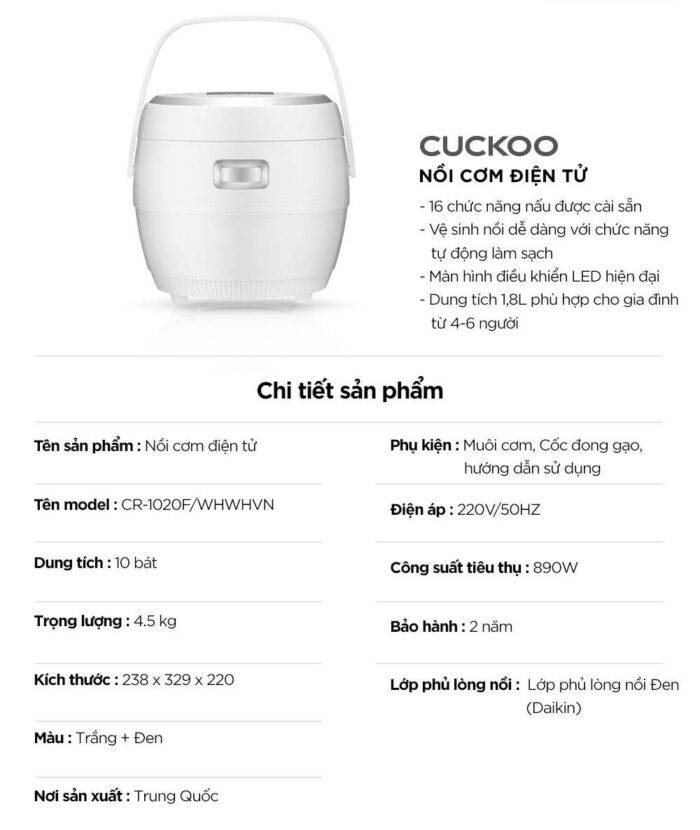Nồi cơm điện tử CUCKOO CR-1020F WHWHVN 1.8L - Ảnh 2