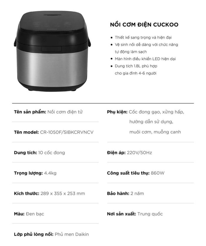 Nồi cơm điện tử CUCKOO CR-1050F SIBKCRVNCV 1.8L - Ảnh 2