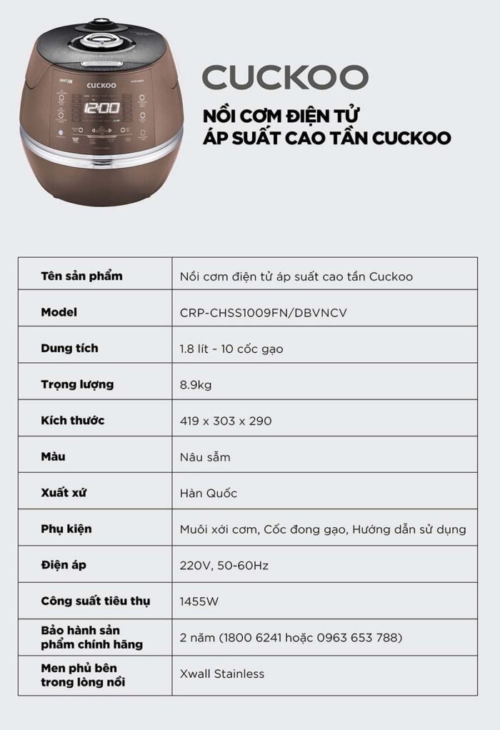 Nồi cơm điện tử CUCKOO CRP-CHSS1009FN DBVNCV 1.8L áp suất cao tần - Ảnh 2