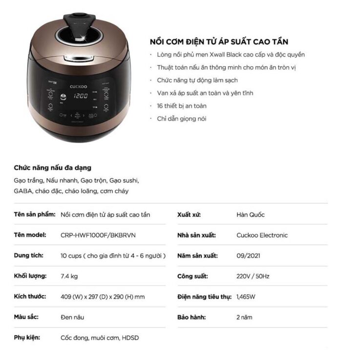 Nồi cơm điện tử CUCKOO CRP-HWF1000F BKBRVN 1.8L áp suất cao tần - Ảnh 2