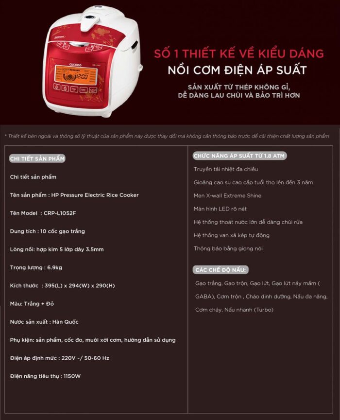 Nồi cơm điện tử CUCKOO CRP-L1052F IVREVNCV 1.8L áp suất - Ảnh 2