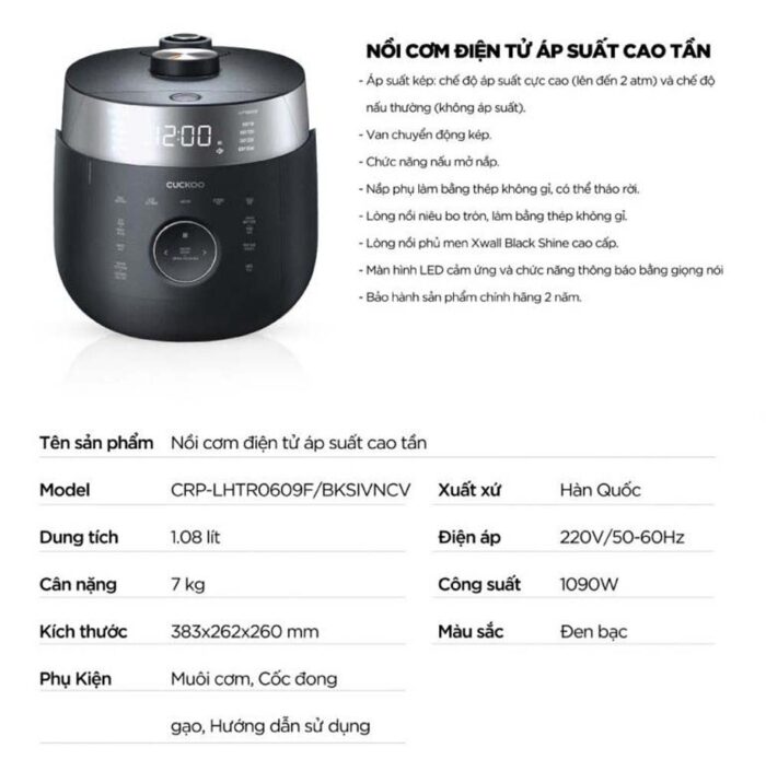 Nồi cơm điện tử CUCKOO CRP-LHTR0609F BKSIVNCV 1.08L áp suất kép cao tần - Ảnh 2