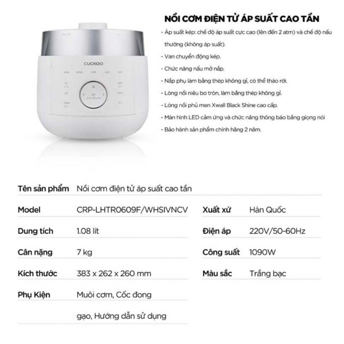 Nồi cơm điện tử CUCKOO CRP-LHTR0609F WHSIVNCV 1.08L áp suất kép cao tần - Ảnh 2