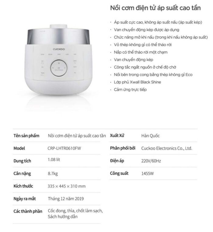 Nồi cơm điện tử CUCKOO CRP-LHTR0610FW 1.08L áp suất kép cao tần - Ảnh 2