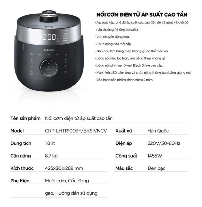 Nồi cơm điện tử CUCKOO CRP-LHTR1009F BKSIVNCV 1.8L áp suất kép cao tần - Ảnh 2