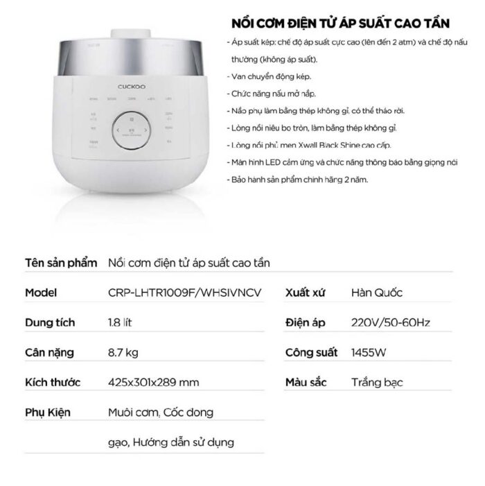 Nồi cơm điện tử CUCKOO CRP-LHTR1009F WHSIVNCV 1.8L áp suất kép cao tần - Ảnh 2