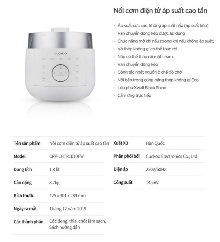 Nồi cơm điện tử CUCKOO CRP-LHTR1010FW 1.8L áp suất kép cao tần - Ảnh 2