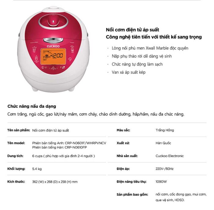 Nồi cơm điện tử CUCKOO CRP-N0601F WHRPVNCV 1.08L áp suất - Ảnh 2