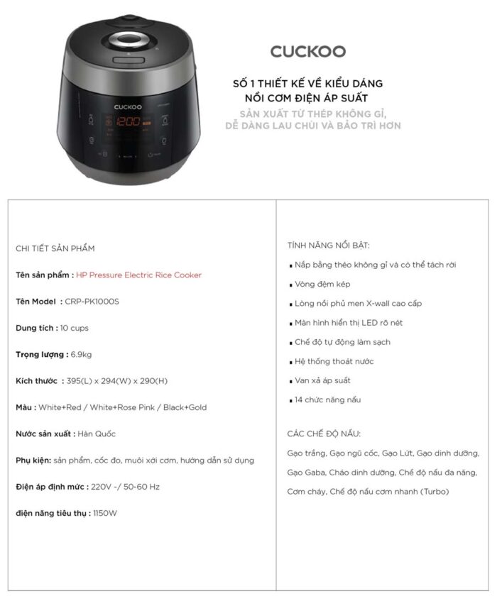 Nồi cơm điện tử CUCKOO CRP-PK1000S P2PIVNCV 1.8L áp suất - Ảnh 3