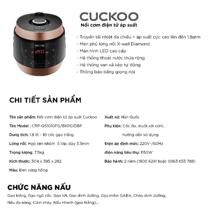 Nồi cơm điện tử CUCKOO CRP-QS1010FG 1.8L áp suất - Ảnh 2