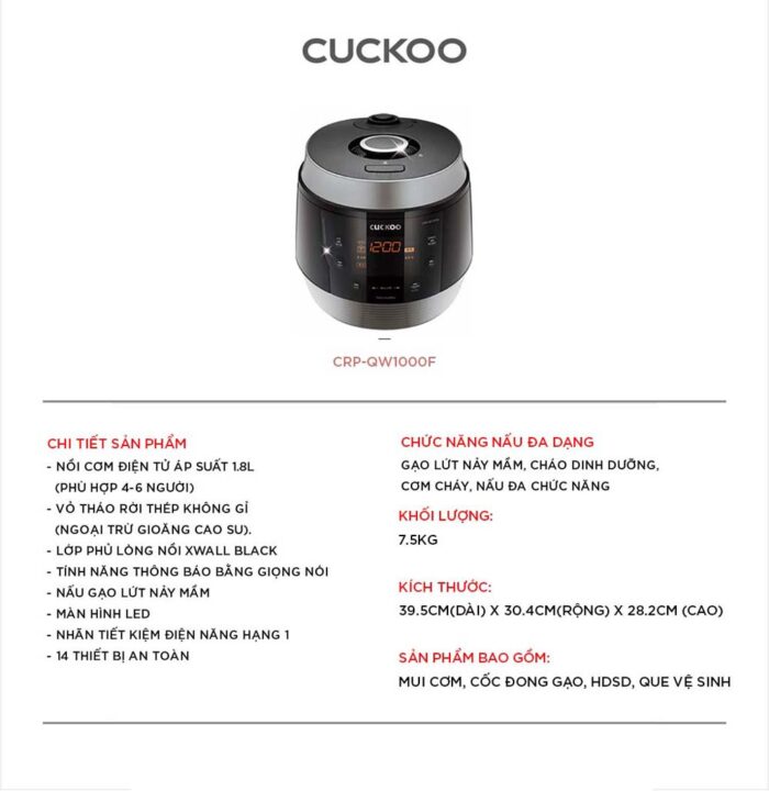 Nồi cơm điện tử CUCKOO CRP-QW1000F SIBKVNCV 1.8L áp suất - Ảnh 2