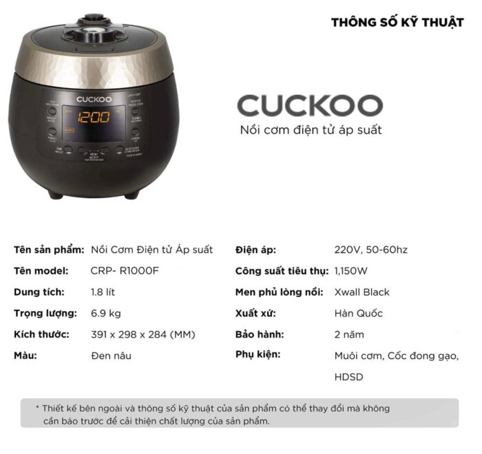 Nồi cơm điện tử CUCKOO CRP-R1000F BKGBCRVNCV 1.8L áp suất - Ảnh 2