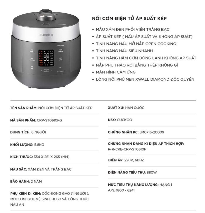 Nồi cơm điện tử CUCKOO CRP-ST0610FG 1.08L áp suất kép - Ảnh 2