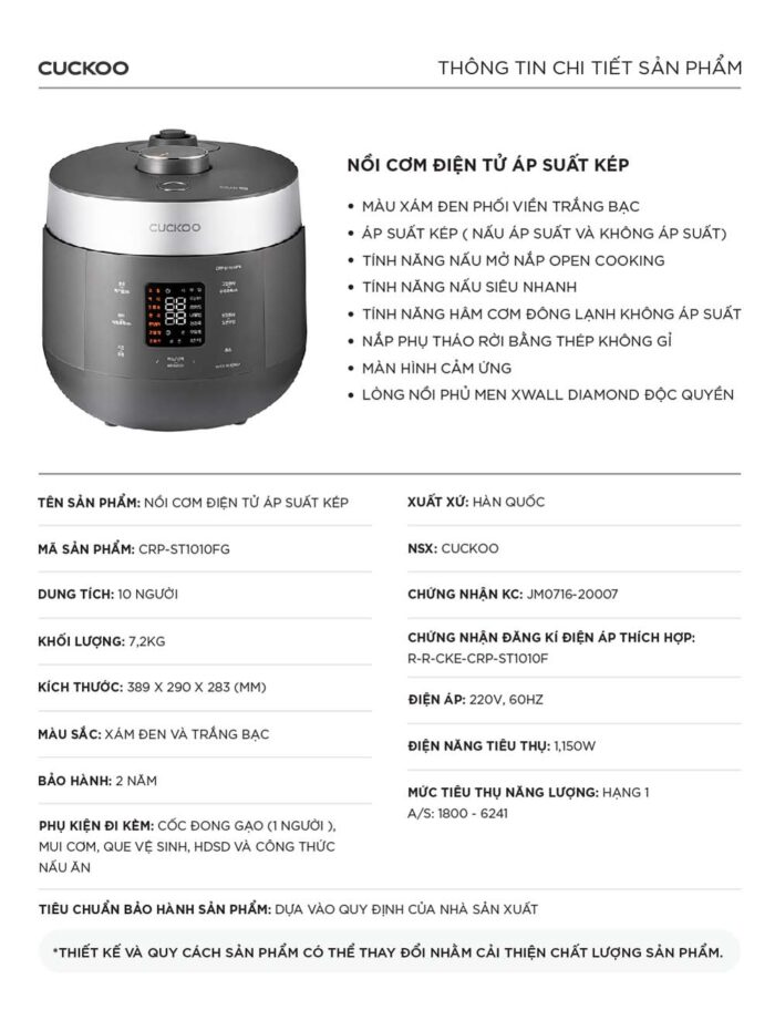 Nồi cơm điện tử CUCKOO CRP-ST1010FG 1.8L áp suất kép - Ảnh 2