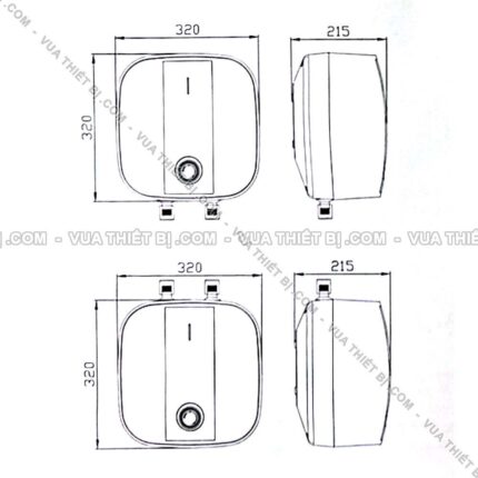 BẢN VẼ KÍCH THƯỚC Bình nóng lạnh ROSSI 6L lít R20 06 HW (R2006HW) cấp dưới bếp rửa bát gián tiếp 1500W