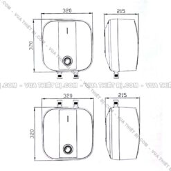 Bản vẽ kích thước Bình nóng lạnh ROSSI 6L lít R20 06 BL (R2006BL) cấp trên bếp rửa bát gián tiếp 1500W