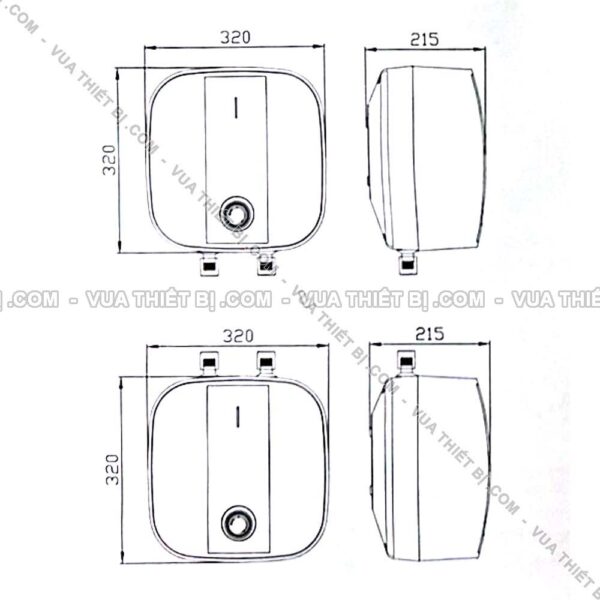 Bản vẽ kích thước Bình nóng lạnh ROSSI 6L lít R20 06 BL (R2006BL) cấp trên bếp rửa bát gián tiếp 1500W