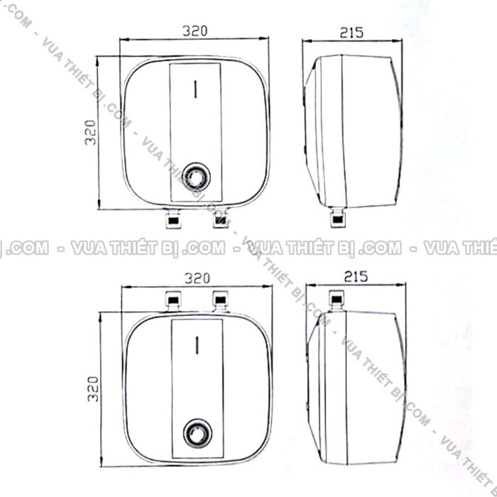 Bản vẽ kích thước Bình nóng lạnh ROSSI 6L lít R20 06 BL (R2006BL) cấp trên bếp rửa bát gián tiếp 1500W