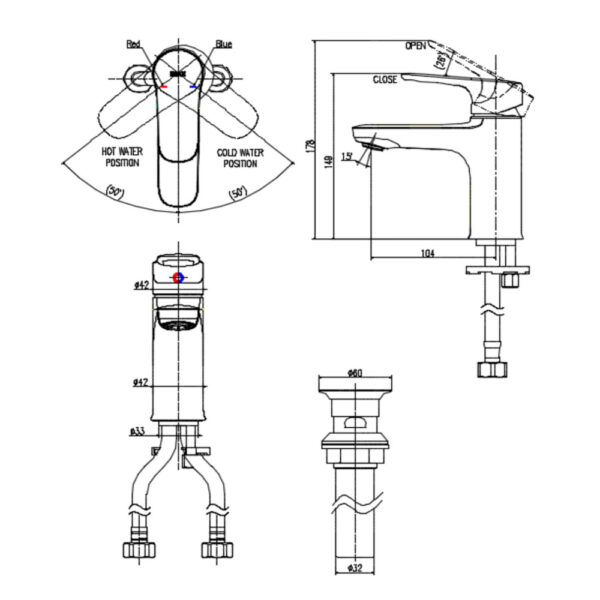 Bản vẽ kỹ thuật Vòi lavabo INAX LFV-1402S-R nóng lạnh 1 lỗ