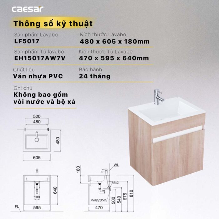 Tủ lavabo CAESAR LF5017 EH15017AW7V - Ảnh 2