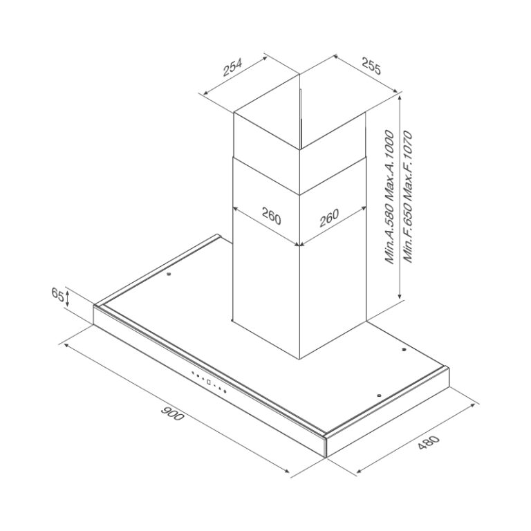 Bản vẽ kích thước Máy hút mùi MALLOCA Skylight F-213 90cm chữ T