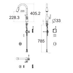 Bản vẽ kỹ thuật Vòi rửa bát American Standard 1009070000 cảm ứng rút dây
