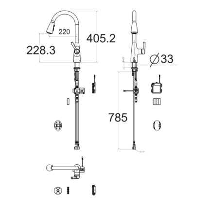 Bản vẽ kỹ thuật Vòi rửa bát American Standard 1009070000 cảm ứng rút dây