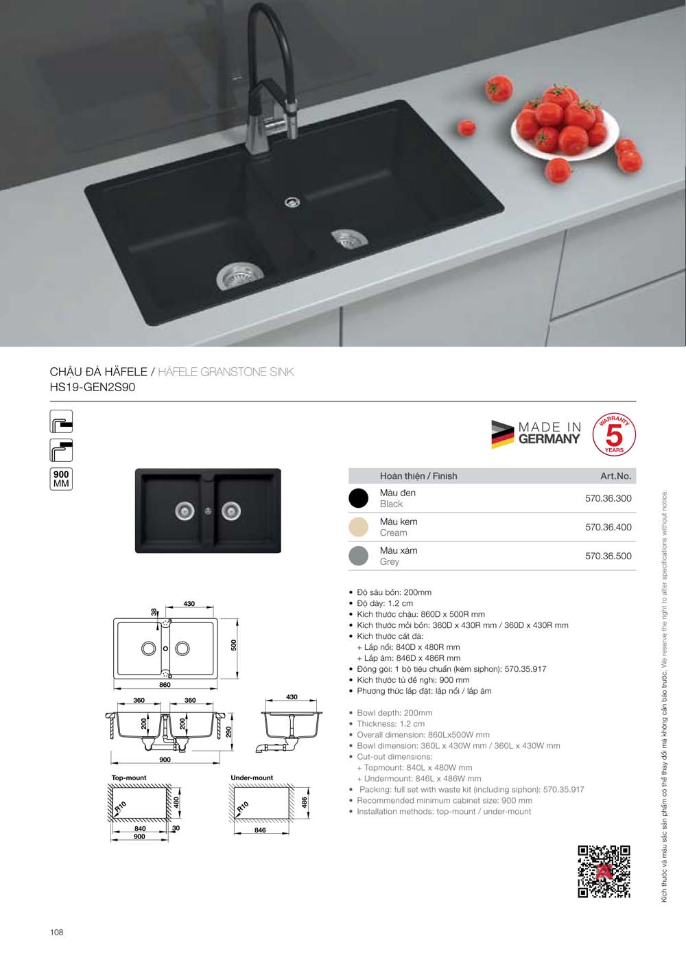 Catalogue HAFELE 2024 Bang gia thiet bi nha bep gia dung 108